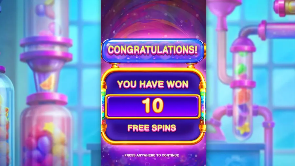 Tampilan antarmuka slot Sweet Burst dengan latar belakang laboratorium permen futuristik.