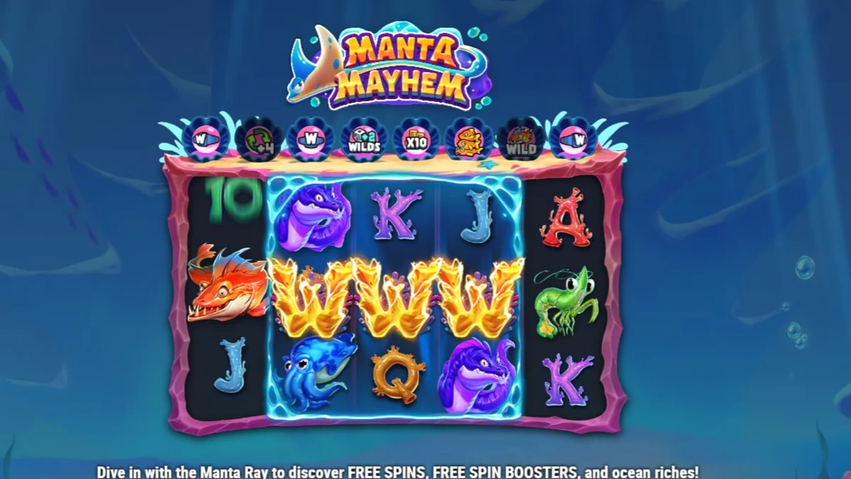 Pemandangan bawah laut yang penuh warna dengan ikan pari biru dalam slot Manta Mayhem